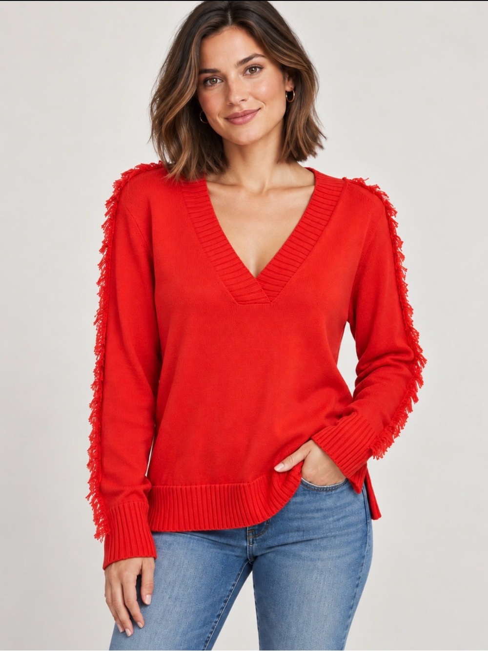 APNY XS Tangerine Red V-Neck Fringe Sleeve Knit Sweater Cotton Blend